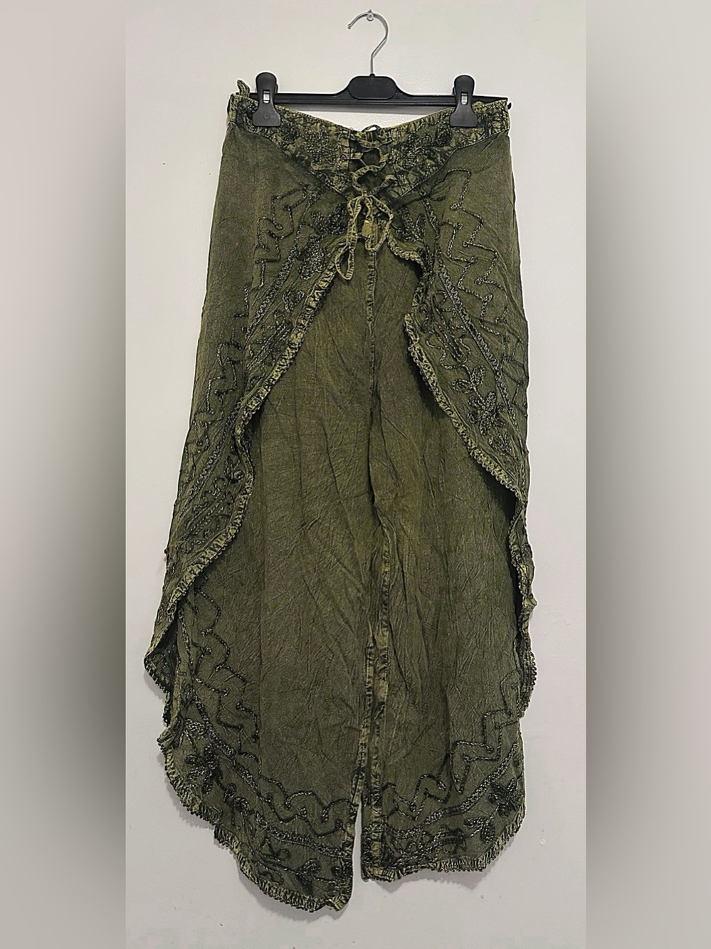 Boho Olive Green Lace-Up Palazzo Pants